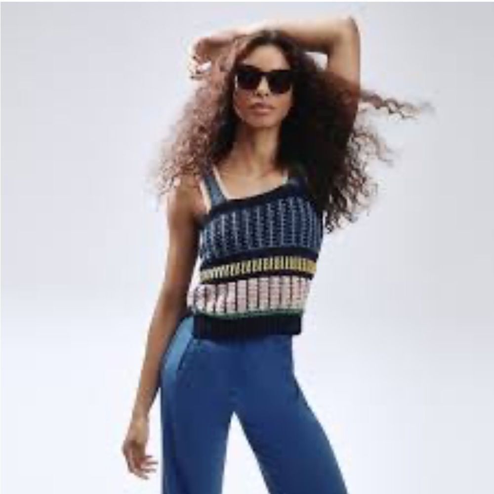 Veronica Beard Voya Knit Tank Top Sleeveless Khaki/White Size L NWT $298 - Picture 3 of 7
